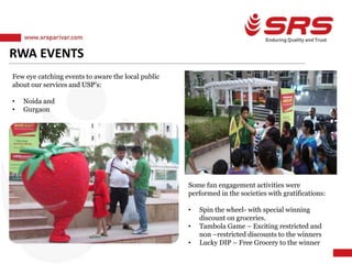 RWA EVENTS
Few eye catching events to aware the local public
about our services and USP’s:
• Noida and
• Gurgaon
Some fun engagement activities were
performed in the societies with gratifications:
• Spin the wheel- with special winning
discount on groceries.
• Tambola Game – Exciting restricted and
non –restricted discounts to the winners
• Lucky DIP – Free Grocery to the winner
 