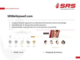 SRSBellejewell.com
• HOME Try On • Shopping Assistance
• A typical research approach to understand the business and act accordingly.
• Identified core or doing online jewelry business .
• Collected data, required tools to run the business successfully.
 