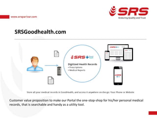 SRSGoodhealth.com
Customer value proposition to make our Portal the one-stop-shop for his/her personal medical
records, that is searchable and handy as a utility tool.
 