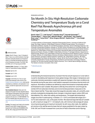 RESEARCH ARTICLE
Six Month In Situ High-Resolution Carbonate
Chemistry and Temperature Study on a Coral
Reef Flat Reveals Asynchronous pH and
Temperature Anomalies
David I. Kline1,2,3
*, Lida Teneva5,6
, Claudine Hauri8,9
, Kenneth Schneider5,7
,
Thomas Miard3,10
, Aaron Chai3
, Malcolm Marker11
, Rob Dunbar5
, Ken Caldeira7
,
Boaz Lazar12
, Tanya Rivlin12
, Brian Gregory Mitchell1
, Sophie Dove2,3,4
, Ove Hoegh-
Guldberg2,3,4
1 Scripps Institution of Oceanography, Integrative Oceanography Division, University of California San
Diego, San Diego, California, United States of America, 2 Global Change Institute, The University of
Queensland, Brisbane, Australia, 3 Coral Reef Ecosystems Laboratory, School of Biological Sciences, The
University of Queensland, Brisbane, Australia, 4 The ARC Centre of Excellence for Coral Reef Studies, The
University of Queensland, Brisbane, Australia, 5 Stanford University, Environmental Earth System Science,
Stanford, CA, United States of America, 6 Conservation International, Betty and Gordon Moore Center for
Science and Oceans, Honolulu, HI, 96825, United States of America, 7 Carnegie Institution, Department of
Global Ecology, Stanford, CA, United States of America, 8 International Pacific Research Centre, University
of Hawaii, Honolulu, HI, United States of America, 9 Institute of Marine Science, School of Fisheries and
Ocean Sciences, University of Alaska Fairbanks, Fairbanks, AK, United States of America, 10 Institut
Océanographique Paul Ricard, Ile des Embiez- Le Brusc, 83140, Six-Fours-Les-Plages, France, 11 The
University of Queensland, Faculty of Engineering, Architecture and Information Technology, Brisbane,
Australia, 12 The Interuniversity Institute for Marine Sciences, The H. Steinitz Marine Biology Laboratory,
The Hebrew University of Jerusalem, Eilat, Israel
* dkline@ucsd.edu
Abstract
Understanding the temporal dynamics of present thermal and pH exposure on coral reefs is
crucial for elucidating reef response to future global change. Diel ranges in temperature and
carbonate chemistry parameters coupled with seasonal changes in the mean conditions de-
fine periods during the year when a reef habitat is exposed to anomalous thermal and/or pH
exposure. Anomalous conditions are defined as values that exceed an empirically estimat-
ed threshold for each variable. We present a 200-day time series from June through De-
cember 2010 of carbonate chemistry and environmental parameters measured on the
Heron Island reef flat. These data reveal that aragonite saturation state, pH, and pCO2 were
primarily modulated by biologically-driven changes in dissolved organic carbon (DIC) and
total alkalinity (TA), rather than salinity and temperature. The largest diel temperature
ranges occurred in austral spring, in October (1.5 – 6.6°C) and lowest diel ranges (0.9 –
3.2°C) were observed in July, at the peak of winter. We observed large diel total pH variabili-
ty, with a maximum range of 7.7 – 8.5 total pH units, with minimum diel average pH values
occurring during spring and maximum during fall. As with many other reefs, the nighttime
pH minima on the reef flat were far lower than pH values predicted for the open ocean by
2100. DIC and TA both increased from June (end of Fall) to December (end of Spring).
PLOS ONE | DOI:10.1371/journal.pone.0127648 June 3, 2015 1 / 26
a11111
OPEN ACCESS
Citation: Kline DI, Teneva L, Hauri C, Schneider K,
Miard T, Chai A, et al. (2015) Six Month In Situ High-
Resolution Carbonate Chemistry and Temperature
Study on a Coral Reef Flat Reveals Asynchronous
pH and Temperature Anomalies. PLoS ONE 10(6):
e0127648. doi:10.1371/journal.pone.0127648
Academic Editor: Sebastian C. A. Ferse, Leibniz
Center for Tropical Marine Ecology, GERMANY
Received: April 24, 2014
Accepted: April 17, 2015
Published: June 3, 2015
Copyright: © 2015 Kline et al. This is an open
access article distributed under the terms of the
Creative Commons Attribution License, which permits
unrestricted use, distribution, and reproduction in any
medium, provided the original author and source are
credited.
Data Availability Statement: Data used in the
analyses for this paper have been deposited with the
NOAA National Oceanographic Data Center (NODC)
under NODC Accession Number 0127256. The doi
assigned to this data set is 10.7289/V55M63MF. The
link to the metadata page of the data set is at (http://
www.nodc.noaa.gov/oceanacidification/data/0127256.
xml).
Funding: This research was funded by the Australian
Research Council (ARC) Linkage Infrastructure
Equipment and Facilities grant #LE0989608 (OHG,
DK, SD), ARC Linkage grant #LP0775303 (OHG,
 