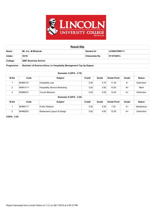 Result Slip
Name : Mr. U.L. M Mubarak Student Id : LC00037000111
Intake : 03/16 Citizenship No. 911072491v
College: QIBT Business School
Programme : Bachelor of Science (Hons.) in Hospitality Management Top Up Degree
Semester 4 (GPA : 3.75)
Sl.No Code Subject Credit Grade Grade Point Grade Status
1 BHM6123 Hospitality Law 3.00 3.75 11.25 A- Distinction
2 BHM 6111 Hospitality Service Marketing 3.00 3.50 10.50 B+ Merit
3 BHM6437 Tourist Behavior 3.00 4.00 12.00 A+ Distinction
Semester 8 (GPA : 3.25)
Sl.No Code Subject Credit Grade Grade Point Grade Status
1 BHM6117 Public Relation 3.00 2.50 7.50 C+ Satisfactory
2 BHM6263 Restaurant Layout & Design 3.00 4.00 12.00 A+ Distinction
CGPA : 3.55
Report Generated from Lincoln Online v3.1 LC on 28/11/2016 at 4:55:37 PM
 