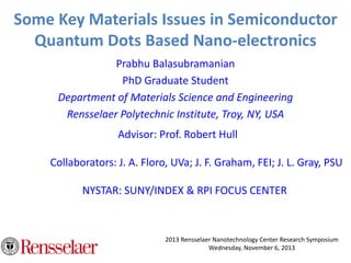 Some Key Materials Issues in Semiconductor
Quantum Dots Based Nano-electronics
Prabhu Balasubramanian
PhD Graduate Student
Department of Materials Science and Engineering
Rensselaer Polytechnic Institute, Troy, NY, USA
2013 Rensselaer Nanotechnology Center Research Symposium
Wednesday, November 6, 2013
Advisor: Prof. Robert Hull
Collaborators: J. A. Floro, UVa; J. F. Graham, FEI; J. L. Gray, PSU
NYSTAR: SUNY/INDEX & RPI FOCUS CENTER
 