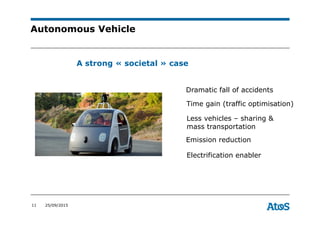 11 25/09/2015
Autonomous Vehicle
Dramatic fall of accidents
A strong « societal » case
Time gain (traffic optimisation)
Electrification enabler
Less vehicles – sharing &
mass transportation
Emission reduction
 