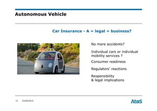 12 25/09/2015
Autonomous Vehicle
No more accidents?
Car Insurance - A « legal » business?
Consumer readiness
Responsibility
& legal implications
Regulators’ reactions
Individual cars or individual
mobility services ?
 