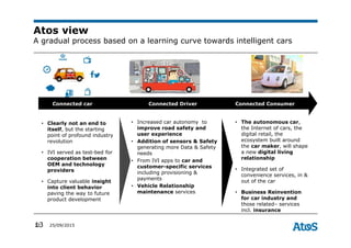 13 25/09/2015
Atos view
A gradual process based on a learning curve towards intelligent cars
13
Connected car Connected Driver Connected Consumer
• Clearly not an end to
itself, but the starting
point of profound industry
revolution
• IVI served as test-bed for
cooperation between
OEM and technology
providers
• Capture valuable insight
into client behavior
paving the way to future
product development
• Increased car autonomy to
improve road safety and
user experience
• Addition of sensors & Safety
generating more Data & Safety
needs
• From IVI apps to car and
customer-specific services
including provisioning &
payments
• Vehicle Relationship
maintenance services
• The autonomous car,
the Internet of cars, the
digital retail, the
ecosystem built around
the car maker, will shape
a new digital living
relationship
• Integrated set of
convenience services, in &
out of the car
• Business Reinvention
for car industry and
those related– services
incl. insurance
 