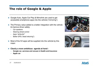 27 25/09/2015
The role of Google & Apple
▶ Google Auto, Apple Car Play & Mirrorlink are used to get
accessible smartphone apps into the vehicle (“mirroring”)
▶ The Primary value added is a better integration with the vehicle
& improve driver safety:
- Car speakers
- Steering wheel control
- Apps “white-list”’
- Better GPS (“dead rekoning”)
▶ Most of the IVI apps will be supplied into the vehicle by this
mean
▶ Clearly a more ambitious agenda at hand :
– Google car, services and venues in Health and Insurance
– Apple car
 