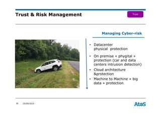 30 25/09/2015
Trust & Risk Management
Managing Cyber-risk
• Datacenter
physical protection
• On premise « phygital »
protection (car and data
centers intrusion detection)
• Cloud architecture
&protection
• Machine to Machine « big
data » protection
Trust
 