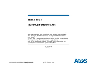 Atos, the Atos logo, Atos Consulting, Atos Sphere, Atos Cloud and
Atos Worldgrid, Worldline, blueKiwi are registered trademarks of
Atos Group.
© 2014 Atos. Confidential information owned by Atos, to be used by
the recipient only. This document, or any part of it,
may not be reproduced, copied, circulated and/or distributed nor
quoted without prior written approval from Atos.
© For internal use
25/09/2015
Thank You !
laurent.gibert@atos.net
 
