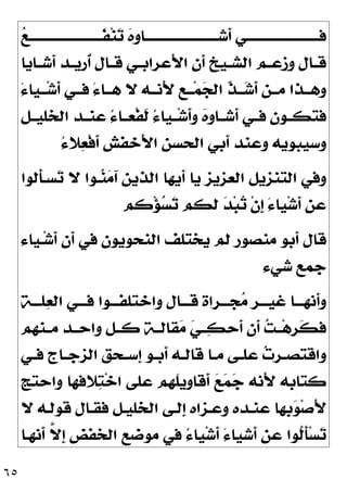 ٦٥

‫ﻊ‬‫ﹶـــــــــــــــــــــــــ‬
‫ﻔ‬‫ﻨ‬
‫ﺗ‬ 
‫ﻩ‬‫ﹺ‬
‫ﻭ‬‫ـﺎ‬‫ـ‬‫ﹶﺷـــــــــــــــــــــــ‬
‫ﺃ‬ ‫ـﻲ‬‫ـ‬‫ﻓـــــــــــــــــــــــ‬
‫ـﺎﻳﺎ‬‫ـ‬‫ﹶﺷ‬
‫ﺃ‬ ‫ـﺪ‬‫ـ‬‫ﹸﺭﻳ‬
‫ﺃ‬ ‫ـﺎﻝ‬‫ـ‬‫ﻗ‬ ‫ـﻲ‬‫ـ‬‫َﻋﺮﺍﺑ‬‫ﻷ‬‫ﺍ‬ ‫ﹶﻥ‬
‫ﺃ‬ ‫ـﻴﺦ‬‫ـ‬‫ﺍﻟﺸ‬ ‫ـﻢ‬‫ـ‬‫ﻭﺯﻋ‬ ‫ـﺎﻝ‬‫ـ‬‫ﻗ‬
َ‫ﺀ‬‫ـﻴﺎ‬‫ـ‬‫ـ‬‫ﺷ‬‫ﹶ‬
‫ﺃ‬ ‫ـﻲ‬‫ـ‬‫ﻓـ‬ َ‫ﺀ‬‫ـﺎ‬‫ـ‬‫ﻫـ‬ ‫ﻻ‬ ‫ـﻪ‬‫ـ‬‫َﻧـ‬‫ﻷ‬ ‫ـﻊ‬‫ـ‬‫ـ‬‫ﻤ‬
‫ﺠ‬‫ﺍﻟ‬ ‫ﹼ‬
‫ﺬ‬‫ـ‬‫ـ‬‫ـ‬
‫ﺷ‬‫ﹶ‬
‫ﺃ‬ ‫ـﻦ‬‫ـ‬‫ﻣـ‬ ‫ـﺬﺍ‬‫ـ‬‫ﻭﻫـ‬
‫ﹾ‬‫ﻔ‬‫ﹶ‬
‫ﻟ‬ ُ‫ﺀ‬‫ــﻴﺎ‬‫ﺷ‬‫ﹶ‬
‫ﺃ‬‫ﻭ‬ 
‫ﻩ‬‫ﹺ‬
‫ﻭ‬‫ﹶﺷــﺎ‬
‫ﺃ‬ ‫ﻓــﻲ‬ ‫ﻓﺘﻜــﻮﻥ‬
‫ﺍﻟﺨﻠﻴــﻞ‬ ‫ﻋﻨــﺪ‬ ُ‫ﺀ‬‫ﻌــﺎ‬
ُ‫ﺀ‬‫ﻼ‬
‫ﻌ‬‫ﹾ‬‫ﻓ‬‫ﹶ‬
‫ﺃ‬ ‫َﺧﻔﺶ‬‫ﻷ‬‫ﺍ‬ ‫ﺍﻟﺤﺴﻦ‬ ‫ﹶﺑﻲ‬
‫ﺃ‬ ‫ﻭﻋﻨﺪ‬ ‫ﻭﺳﻴﺒﻮﻳﻪ‬
‫ﹶﻟﻮﺍ‬
‫ﺄ‬‫ﺴـ‬
‫ﺗ‬ ‫ﻻ‬ ‫ـﻮﺍ‬
‫ﻨ‬
‫ﻣ‬‫ﺁ‬ ‫ﺍﻟﺬﻳﻦ‬ ‫ﹶﻳﻬﺎ‬
‫ﺃ‬ ‫ﻳﺎ‬ ‫ﺍﻟﻌﺰﻳﺰ‬ ‫ﺍﻟﺘﻨﺰﻳﻞ‬ ‫ﻭﻓﻲ‬
‫ﻛﻢ‬‫ﺆ‬
‫ﺴ‬
‫ﺗ‬ ‫ﻟﻜﻢ‬ 
‫ﺪ‬‫ﺒ‬
‫ﺗ‬ ‫ﹾ‬‫ﻥ‬‫ﹺ‬
‫ﺇ‬ َ‫ﺀ‬‫ﻴﺎ‬‫ﺷ‬‫ﹶ‬
‫ﺃ‬ ‫ﻋﻦ‬
‫ـﻴﺎﺀ‬‫ﺷ‬‫ﹶ‬
‫ﺃ‬ ‫ﹶﻥ‬
‫ﺃ‬ ‫ﻓﻲ‬ ‫ﺍﻟﻨﺤﻮﻳﻮﻥ‬ ‫ﻳﺨﺘﻠﻒ‬ ‫ﻟﻢ‬ ‫ﻣﻨﺼﻮﺭ‬ ‫ﹶﺑﻮ‬
‫ﺃ‬ ‫ﻗﺎﻝ‬
‫ﺷﻲﺀ‬ ‫ﺟﻤﻊ‬
‫ﻠـــﺔ‬
‫ﻌ‬‫ﺍﻟ‬ ‫ﻓـــﻲ‬ ‫ﻭﺍﺧﺘﻠﻔـــﻮﺍ‬ ‫ﻗـــﺎﻝ‬ ‫ﺠـــﺮﺍﺓ‬
‫ﻣ‬ ‫ﻏﻴـــﺮ‬ ‫ﹶﻧﻬـــﺎ‬
‫ﺃ‬‫ﻭ‬
‫ــ‬‫ﻫ‬‫ﹺ‬
‫ﺮ‬‫ﹶ‬
‫ﻜ‬‫ﻓ‬
‫ﻣــﻨﻬﻢ‬ ‫ﻭﺍﺣــﺪ‬ ‫ﻛــﻞ‬ ‫ﻘﺎﻟــﺔ‬
‫ﻣ‬ 
‫ﻲ‬‫ــ‬
‫ﻜ‬‫ﹶﺣ‬
‫ﺃ‬ ‫ﹶﻥ‬
‫ﺃ‬ 
‫ﺖ‬
‫ـﻲ‬‫ـ‬‫ﻓ‬ ‫ـﺎﺝ‬‫ـ‬‫ﺍﻟﺰﺟ‬ ‫ـﺤﻖ‬‫ـ‬‫ﹺﺳ‬
‫ﺇ‬ ‫ـﻮ‬‫ـ‬‫ﹶﺑ‬
‫ﺃ‬ ‫ـﻪ‬‫ـ‬‫ﻗﺎﻟ‬ ‫ـﺎ‬‫ـ‬‫ﻣ‬ ‫ـﻰ‬‫ـ‬‫ﻋﻠ‬ 
‫ﺕ‬‫ـﺮ‬‫ـ‬‫ﻭﺍﻗﺘﺼ‬
‫ﻭﺍﺣﺘﺞ‬ ‫ﻼﻓﻬﺎ‬
‫ﺘ‬‫ﺧ‬‫ﺍ‬ ‫ﻋﻠﻰ‬ ‫ﹶﻬﻢ‬
‫ﻠ‬‫ﹺﻳ‬
‫ﻭ‬‫ﹶﻗﺎ‬
‫ﺃ‬ 
‫ﻊ‬
‫ﻤ‬
‫ﺟ‬ ‫َﻧﻪ‬‫ﻷ‬ ‫ﻛﺘﺎﺑﻪ‬
‫ﻻ‬ ‫ﻗﻮﻟـﻪ‬ ‫ﻓﻘـﺎﻝ‬ ‫ﺍﻟﺨﻠﻴـﻞ‬ ‫ﹺﻟـﻰ‬
‫ﺇ‬ ‫ﻭﻋـﺰﺍﻩ‬ ‫ﻋﻨـﺪﻩ‬ ‫ﹺﻬﺎ‬
‫ﺑ‬
‫ﻮ‬‫ﺻ‬َ‫ﻷ‬
‫ﹶﻧﻬـﺎ‬
‫ﺃ‬ ‫ﱠ‬
‫ﻻ‬‫ﹺ‬
‫ﺇ‬ ‫ﺍﻟﺨﻔﺾ‬ ‫ﻣﻮﺿﻊ‬ ‫ﻓﻲ‬ ُ‫ﺀ‬‫ﻴﺎ‬‫ﺷ‬‫ﹶ‬
‫ﺃ‬ َ‫ﺀ‬‫ﹶﺷﻴﺎ‬
‫ﺃ‬ ‫ﻋﻦ‬ ‫ﹸﻮﺍ‬
‫ﻟ‬‫ﹶ‬
‫ﺄ‬‫ﺴ‬
‫ﺗ‬
 