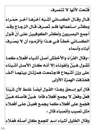 ٦٦
‫ﺗﻨﺼﺮ‬ ‫ﻻ‬ ‫َﻧﻬﺎ‬‫ﻷ‬ ‫ﹸﺘﺤﺖ‬
‫ﻓ‬
‫ﻑ‬
َ‫ﺀ‬‫ـﺮﺍ‬‫ـ‬‫ﻤ‬
‫ﺣ‬ 
‫ﺮ‬‫ـ‬‫ـ‬
‫ﺧ‬‫ﺁ‬ ‫ـﺎ‬‫ـ‬‫ﻫ‬
‫ﺮ‬
‫ﺧ‬‫ﺁ‬ 
‫ﻪ‬
‫ﺒ‬‫ـ‬‫ـ‬‫ﺷ‬‫ﹶ‬
‫ﺃ‬ ‫ـﺎﺋﻲ‬‫ـ‬‫ﺍﻟﻜﺴ‬ ‫ـﺎﻝ‬‫ـ‬‫ﻭﻗ‬ ‫ـﺎﻝ‬‫ـ‬‫ﻗ‬
‫ـﺪ‬‫ـ‬‫ﻭﻗ‬ ‫ـﺎﺝ‬‫ـ‬‫ﺍﻟﺰﺟ‬ ‫ـﺎﻝ‬‫ـ‬‫ﻗ‬ ‫ﻑ‬
‫ﺮ‬‫ـ‬‫ـ‬‫ﺼ‬
‫ﺗ‬ ‫ـﻢ‬‫ـ‬‫ﻓﻠ‬ ‫ـﺘﻌﻤﺎﻟﻬﺎ‬‫ـ‬‫ﺍﺳ‬ ‫ـﺮ‬‫ـ‬‫ﹸ‬
‫ﺜ‬‫ﹶ‬
‫ﻛ‬‫ﻭ‬
‫ﻗـﻮﻝ‬ ‫ﱠ‬
‫ﻥ‬‫ﹶ‬
‫ﺃ‬ ‫ﻋﻠـﻰ‬ ‫ﺍﻟﻜﻮﻓﻴﻴﻦ‬ ‫ﹶﻛﺜﺮ‬
‫ﺃ‬‫ﻭ‬ ‫ﺍﻟﺒﺼﺮﻳﻮﻥ‬ ‫ﹶﺟﻤﻊ‬
‫ﺃ‬
‫ﹺﻑ‬
‫ﺮ‬‫ــ‬‫ﺼ‬
‫ﻳ‬ ‫ﻻ‬ ‫ﹶﻥ‬
‫ﺃ‬ ‫ﹶﻟﺰﻣــﻮﻩ‬
‫ﺃ‬‫ﻭ‬ ‫ﻫــﺬﺍ‬ ‫ﻓــﻲ‬ ‫ﹲ‬
‫ﺄ‬‫ﺧﻄــ‬ ‫ﺍﻟﻜﺴــﺎﺋﻲ‬
‫ﹶﺳﻤﺎﺀ‬
‫ﺃ‬‫ﻭ‬ ‫ﹶﺑﻨﺎﺀ‬
‫ﺃ‬
×
‫ﻛﻤـﺎ‬ ‫ـﻼﺀ‬
‫ﻌ‬‫ﹾ‬‫ﻓ‬‫ﹶ‬
‫ﺃ‬ ‫ﹶﺷـﻴﺎﺀ‬
‫ﺃ‬ ‫ﹶﺻـﻞ‬
‫ﺃ‬ ‫َﺧﻔﺶ‬‫ﻷ‬‫ﻭﺍ‬ ُ‫ﺀ‬‫ﺍ‬
‫ﺮ‬‫ﺍﻟﻔ‬ ‫ﻭﻗﺎﻝ‬
‫ـﻮﻝ‬‫ـ‬‫ﺗﻘ‬
‫ﹺﺌﺎﺀ‬
‫ﻴ‬‫ـ‬‫ـ‬‫ﺷ‬‫ﹶ‬
‫ﺃ‬ ‫ـﻞ‬‫ـ‬‫َﺻ‬‫ﻷ‬‫ﺍ‬ ‫ـﺎﻥ‬‫ـ‬‫ﻛ‬ ‫ـﻪ‬‫ـ‬‫ﹶﻧ‬
‫ﺃ‬ ‫ﹺﻻ‬
‫ﺇ‬ ‫ـﺎﺀ‬‫ـ‬‫ﹺﻧ‬
‫ﻮ‬‫ﻫ‬‫ﹶ‬
‫ﺃ‬‫ﻭ‬ 
‫ﻦ‬‫ﻴ‬‫ـ‬‫ـ‬
‫ﻫ‬
‫ﹶﻟـﻒ‬
‫ﺃ‬ ‫ﺑﻴﻨﻬﻤـﺎ‬ ‫ﻫﻤﺰﺗـﺎﻥ‬ ‫ﻓﺎﺟﺘﻤﻌـﺖ‬ ‫ﹺﻌﺎﻉ‬
‫ﻴ‬‫ـ‬‫ﺷ‬‫ﹶ‬
‫ﺃ‬ ‫ﻭﺯﻥ‬ ‫ﻋﻠﻰ‬
‫ُﻭﻟﻰ‬‫ﻷ‬‫ﺍ‬ ‫ﺍﻟﻬﻤﺰﺓ‬ ‫ﻓﺖ‬
‫ﺬ‬
‫ﺤ‬‫ﻓ‬
‫ﹰ‬
‫ﺎ‬‫ﺌ‬‫ﻴ‬‫ـ‬
‫ﺷ‬ ‫َﻥ‬‫ﻷ‬ ‫ﻏﻠـﻂ‬ ‫ﹰ‬
‫ﺎ‬‫ﹶﻳﻀـ‬
‫ﺃ‬ ‫ﺍﻟﻘـﻮﻝ‬ ‫ﻭﻫـﺬﺍ‬ ‫ﹺﺳـﺤﻖ‬
‫ﺇ‬ ‫ﹶﺑﻮ‬
‫ﺃ‬ ‫ﻗﺎﻝ‬
‫ﹶﻣﺎ‬
‫ﺄ‬‫ﻓ‬ ‫ﻼﺀ‬
‫ﻌ‬‫ﹾ‬‫ﻓ‬‫ﹶ‬
‫ﺃ‬ ‫ﻳﺠﻤﻊ‬ ‫ﻻ‬ ‫ﹲ‬
‫ﻞ‬‫ﻌ‬‫ﹶ‬
‫ﻓ‬‫ﻭ‬ ‫ﹲ‬
‫ﻞ‬‫ﻌ‬‫ﹶ‬
‫ﻓ‬

‫ﻦ‬
‫ﻴ‬‫ـ‬
‫ﻫ‬ ‫ﹶﺻـﻠﻪ‬
‫ﺄ‬‫ﻓ‬ 
‫ﻦ‬‫ﻴ‬‫ـ‬
‫ﻫ‬
‫ﻛﻤﺎ‬ ‫ﻼﺀ‬
‫ﻌ‬‫ﹾ‬‫ﻓ‬‫ﹶ‬
‫ﺃ‬ ‫ﻋﻠﻰ‬ 
‫ﻊ‬
‫ﻤ‬
‫ﺠ‬‫ﻓ‬
َ‫ﺀ‬‫ـﻼ‬
‫ﻌ‬‫ﹾ‬‫ﻓ‬‫ﹶ‬
‫ﺃ‬ ‫ﻋﻠـﻰ‬ ‫ﹲ‬
‫ﻞ‬‫ﻴـ‬
‫ﻌ‬‫ﹶ‬
‫ﻓ‬ ‫ﻳﺠﻤـﻊ‬
‫ﻗﺎﻝ‬ ‫ﺒﺎﺀ‬
‫ﺼ‬‫ﻧ‬‫ﹶ‬
‫ﺃ‬‫ﻭ‬ ‫ﻴﺐ‬
‫ﺼ‬
‫ﻧ‬ ‫ﻣﺜﻞ‬
:
َ‫ﺀ‬‫ـﻼ‬‫ﻌ‬‫ﹶ‬
‫ﻓ‬ ‫ﹸﻪ‬
‫ﻠ‬‫ﹶﺻـ‬
‫ﺃ‬ ‫ﻛﺎﻥ‬ ‫ﻟﻠﺠﻤﻊ‬ ‫ﺍﺳﻢ‬ ‫ﹶﺷﻴﺎﺀ‬
‫ﺃ‬ ‫ﺍﻟﺨﻠﻴﻞ‬ ‫ﻭﻗﺎﻝ‬
 