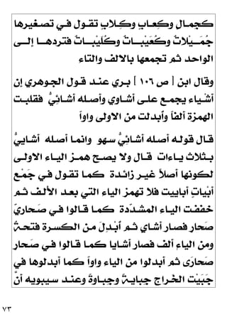 ٧٣
‫ـﻐﻴﺮﻫﺎ‬‫ـ‬‫ﺗﺼ‬ ‫ـﻲ‬‫ـ‬‫ﻓ‬ ‫ـﻮﻝ‬‫ـ‬‫ﺗﻘ‬ ‫ﹴ‬
‫ﺏ‬‫ـﻼ‬‫ـ‬
‫ﻛ‬‫ﻭ‬ ‫ﹴ‬
‫ﺏ‬‫ـﺎ‬‫ـ‬‫ﻌ‬
‫ﻛ‬‫ﻭ‬ ‫ﹴ‬
‫ﻝ‬‫ـﺎ‬‫ـ‬‫ﹺﻤ‬
‫ﺠ‬‫ﻛ‬
‫ـﻰ‬‫ـ‬‫ﹺﻟــ‬
‫ﺇ‬ ‫ـﺎ‬‫ـ‬‫ﻓﺘﺮﺩﻫــ‬ 
‫ﺕ‬‫ـﺎ‬‫ـ‬‫ﺒــ‬‫ﻴ‬‫ﹶ‬
‫ﻠ‬‫ﹸ‬
‫ﻛ‬‫ﻭ‬ 
‫ﺕ‬‫ـﺎ‬‫ـ‬‫ﺒــ‬‫ﻴ‬
‫ﻌ‬‫ﹸ‬
‫ﻛ‬‫ﻭ‬ 
‫ﺕ‬‫ﻼ‬‫ﻴ‬‫ـ‬‫ـ‬‫ــ‬
‫ﻤ‬
‫ﺟ‬
‫ﻭﺍﻟﺘﺎﺀ‬ ‫ﺑﺎﻻﻟﻒ‬ ‫ﺗﺠﻤﻌﻬﺎ‬ ‫ﺛﻢ‬ ‫ﺍﻟﻮﺍﺣﺪ‬
‫ﺍﺑﻦ‬ ‫ﻭﻗﺎﻝ‬
]
‫ﺹ‬
١٠٦
[
‫ﹺﻥ‬
‫ﺇ‬ ‫ﺍﻟﺠـﻮﻫﺮﻱ‬ ‫ﻗـﻮﻝ‬ ‫ﻋﻨـﺪ‬ ‫ﺑـﺮﻱ‬
‫ﹶ‬
‫ﺃ‬

‫ﻲ‬
‫ﺋ‬‫ـﺎ‬‫ـ‬‫ﹶﺷ‬
‫ﺃ‬ ‫ـﻠﻪ‬‫ـ‬‫ﹶﺻ‬
‫ﺃ‬‫ﻭ‬ ‫ﹺﻱ‬
‫ﻭ‬‫ـﺎ‬‫ـ‬‫ﹶﺷ‬
‫ﺃ‬ ‫ـﻰ‬‫ـ‬‫ﻋﻠ‬ ‫ـﻊ‬‫ـ‬‫ﻳﺠﻤ‬ ‫ـﻴﺎﺀ‬‫ـ‬‫ﺷ‬
‫ـﺖ‬‫ـ‬‫ﻓﻘﻠﺒ‬
‫ﹰ‬
‫ﺍ‬‫ﻭﺍﻭ‬ ‫ﺍﻻﻭﻟﻰ‬ ‫ﻣﻦ‬ ‫ﹸﺑﺪﻟﺖ‬
‫ﺃ‬‫ﻭ‬ ‫ﹰ‬
‫ﺎ‬‫ﹶﻟﻔ‬
‫ﺃ‬ ‫ﺍﻟﻬﻤﺰﺓ‬
‫ﺳـﻬﻮ‬ 
‫ﻲ‬
‫ﺋ‬‫ـﺎ‬‫ـ‬‫ﹶﺷ‬
‫ﺃ‬ ‫ـﻠﻪ‬‫ـ‬‫ﹶﺻ‬
‫ﺃ‬ ‫ـﻪ‬‫ـ‬‫ﻗﻮﻟ‬ ‫ﻗـﺎﻝ‬
‫ـﻠﻪ‬‫ـ‬‫ﹶﺻ‬
‫ﺃ‬ ‫ـﺎ‬‫ـ‬‫ﻭﺍﻧﻤ‬

‫ﻲ‬‫ﹺ‬
‫ﻳ‬‫ـﺎ‬‫ـ‬‫ﹶﺷ‬
‫ﺃ‬
‫ﻳــﺎﺀﺍﺕ‬ ‫ـﺜﻼﺙ‬‫ـ‬‫ﺑ‬
‫ـﻰ‬‫ـ‬‫ﺍﻻﻭﻟ‬ ‫ﺍﻟﻴــﺎﺀ‬ ‫ـﺰ‬‫ـ‬‫ﻫﻤ‬ ‫ـﺢ‬‫ـ‬‫ﻳﺼ‬ ‫ﻭﻻ‬ ‫ﻗــﺎﻝ‬
‫ﺯﺍﺋـﺪﺓ‬ ‫ﻏﻴـﺮ‬ ‫ﹰ‬
‫ﻼ‬‫ﹶﺻ‬
‫ﺃ‬ ‫ﻟﻜﻮﻧﻬﺎ‬
‫ـﻊ‬‫ﻤ‬
‫ﺟ‬ ‫ﻓـﻲ‬ ‫ﺗﻘـﻮﻝ‬ ‫ﻛﻤـﺎ‬
‫ﺍﻟﻴﺎ‬ ‫ﺗﻬﻤﺰ‬ ‫ﻓﻼ‬ ‫ﹺﻴﺖ‬
‫ﻳ‬‫ﹶﺑﺎ‬
‫ﺃ‬ 
‫ﺕ‬‫ﻴﺎ‬‫ﺑ‬‫ﹶ‬
‫ﺃ‬
‫ﺛـﻢ‬ ‫َﻟـﻒ‬‫ﻷ‬‫ﺍ‬ ‫ﺑﻌـﺪ‬ ‫ﺍﻟﺘﻲ‬ ‫ﺀ‬
‫ﺩﺓ‬
‫ﺪ‬‫ـ‬‫ـ‬‫ﺍﻟﻤﺸ‬ ‫ـﺎﺀ‬‫ـ‬‫ﺍﻟﻴ‬ ‫ـﺖ‬‫ـ‬‫ﺧﻔﻔ‬

‫ﻱ‬‫ﹺ‬
‫ﺭ‬‫ـﺤﺎ‬‫ـ‬
‫ﺻ‬ ‫ـﻲ‬‫ـ‬‫ﻓ‬ ‫ـﺎﻟﻮﺍ‬‫ـ‬‫ﻗ‬ ‫ـﺎ‬‫ـ‬‫ﻛﻤ‬
‫ﹲ‬
‫ﺔ‬‫ﻓﺘﺤـ‬ ‫ﺍﻟﻜﺴـﺮﺓ‬ ‫ﻣـﻦ‬ ‫ﹶ‬
‫ﻝ‬
‫ﺪ‬‫ـ‬‫ﺑ‬‫ﹸ‬
‫ﺃ‬ ‫ﺛـﻢ‬ ‫ﹴ‬
‫ﻱ‬‫ﹶﺷـﺎ‬
‫ﺃ‬ ‫ﻓﺼـﺎﺭ‬ ‫ﹴ‬
‫ﺭ‬‫ﺤﺎ‬
‫ﺻ‬
‫ﹴ‬
‫ﺭ‬‫ـﺤﺎ‬
‫ﺻ‬ ‫ﻓـﻲ‬ ‫ﻗـﺎﻟﻮﺍ‬ ‫ﻛﻤـﺎ‬ ‫ﹶﺷـﺎﻳﺎ‬
‫ﺃ‬ ‫ﻓﺼﺎﺭ‬ ‫ﹶﻟﻒ‬
‫ﺃ‬ ِ‫ﺀ‬‫ﺍﻟﻴﺎ‬ ‫ﻭﻣﻦ‬
‫ﻓﻲ‬ ‫ﹶﺑﺪﻟﻮﻫﺎ‬
‫ﺃ‬ ‫ﻛﻤﺎ‬ ‫ﹰ‬
‫ﺍ‬‫ﻭﺍﻭ‬ ‫ﺍﻟﻴﺎﺀ‬ ‫ﻣﻦ‬ ‫ﹶﺑﺪﻟﻮﺍ‬
‫ﺃ‬ ‫ﺛﻢ‬ ‫ﻯ‬
‫ﺭ‬‫ﺤﺎ‬
‫ﺻ‬
‫ﹶ‬
‫ﺃ‬ ‫ﺳـﻴﺒﻮﻳﻪ‬ ‫ﻭﻋﻨـﺪ‬ ‫ﹰ‬
‫ﺓ‬‫ﹺﺒـﺎﻭ‬
‫ﺟ‬‫ﻭ‬ ‫ﹰ‬
‫ﺔ‬‫ﹺﺒﺎﻳـ‬
‫ﺟ‬ ‫ـﺮﺍﺝ‬
‫ﺨ‬‫ﺍﻟ‬ ‫ﺖ‬‫ﻴ‬
‫ﺒ‬
‫ﺟ‬
‫ﱠ‬
‫ﻥ‬
 