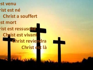est venu
rist est né
Christ a souffert
est mort
rist est ressuscité
Christ est vivant
Christ reviendra
Christ est là
 