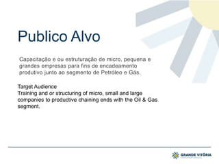 Publico Alvo
Capacitação e ou estruturação de micro, pequena e
grandes empresas para fins de encadeamento
produtivo junto ao segmento de Petróleo e Gás.
Target Audience
Training and or structuring of micro, small and large
companies to productive chaining ends with the Oil & Gas
segment.
 