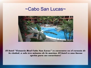 ~Cabo San Lucas~
El hotel “Estancia Real Cabo San Lucas” es encuentra en el corazón de
la ciudad, a solo tres minutos de la marína. El hotel es una buena
opción para sus vacaciones!
 