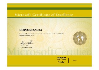 Steven A. Ballmer
Chief Executive Ofﬁcer
HUSSAIN BOHRA
Has successfully completed the requirements to be recognized as a Microsoft® Certified
Technology Specialist (MCTS)
MCTS
 