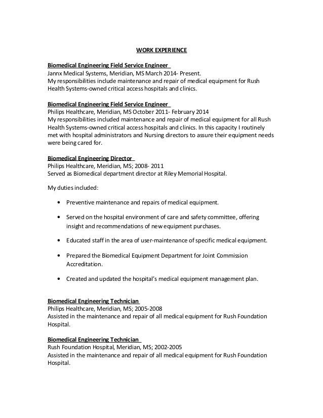 Biomedical service technician resume