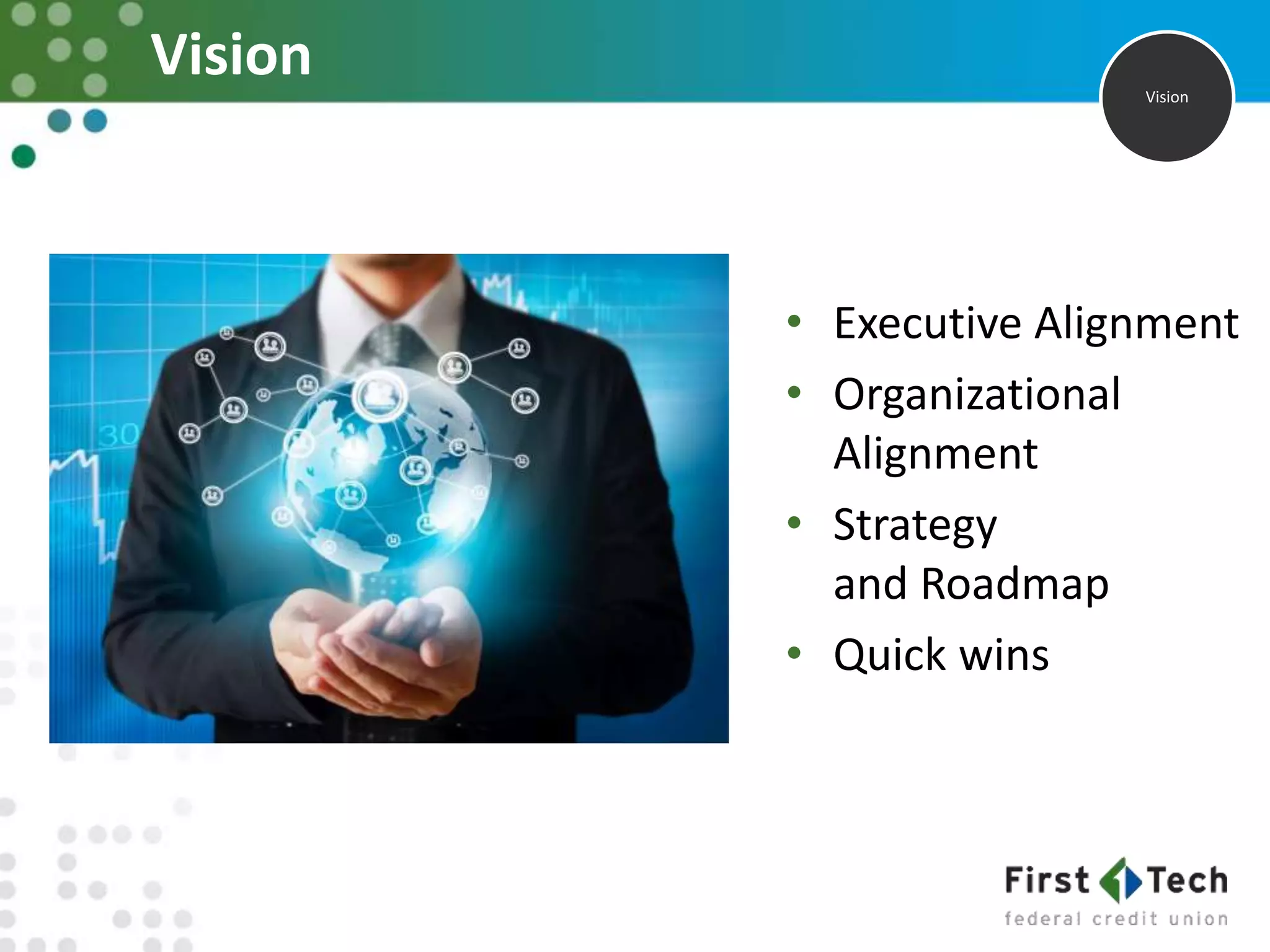 Vision
• Executive Alignment
• Organizational
Alignment
• Strategy
and Roadmap
• Quick wins
Vision
 