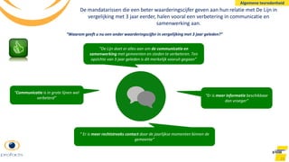 23
De mandatarissen die een beter waarderingscijfer geven aan hun relatie met De Lijn in
vergelijking met 3 jaar eerder, halen vooral een verbetering in communicatie en
samenwerking aan.
“Waarom geeft u nu een ander waarderingscijfer in vergelijking met 3 jaar geleden?”
“De Lijn doet er alles aan om de communicatie en
samenwerking met gemeenten en steden te verbeteren. Ten
opzichte van 3 jaar geleden is dit merkelijk vooruit gegaan”
“Er is meer informatie beschikbaar
dan vroeger”
“Communicatie is in grote lijnen wel
verbeterd”
“ Er is meer rechtstreeks contact door de jaarlijkse momenten binnen de
gemeente”
Algemene tevredenheid
 