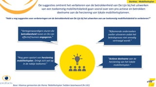 De suggesties omtrent het verbeteren van de betrokkenheid van De Lijn bij het uitwerken
van een toekomstig mobiliteitsbeleid gaan vooral over een pro-actieve en betrokken
deelname aan de herziening van lokale mobiliteitsplannen.
67
“Bijkomende onderzoeken
sneller uitvoeren zodat het
beleidsproces niet onnodig
vertraagd wordt.”
“Nog geen opstart van herziening
mobiliteitsplan. Dringt zich wel op
in de nabije toekomst.”
“Actieve deelname aan de
herziening van het lokale
mobiliteitsplan.”
“Vertegenwoordigers sturen die
betrokkenheid tonen en De Lijn
effectief kunnen engageren.”
“Hebt u nog suggesties voor verbeteringen om de betrokkenheid van De Lijn bij het uitwerken van uw toekomstig mobiliteitsbeleid te verbeteren?”
Base: Vlaamse gemeenten die thema ‘Mobiliteitsplan’ hebben beantwoord (N=142)
Sterktes - Mobiliteitsplan
 