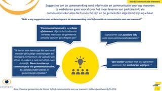Suggesties om de samenwerking rond informatie en communicatie voor uw inwoners
te verbeteren gaan vooral over het meer leveren van pasklare info via
communicatiekanalen die tussen De Lijn en de gemeenten afgestemd zijn op elkaar.
71
“Ik ben er van overtuigd dat zeer veel
mensen de huidige verbindingen en
reistijden niet kennen. De website om
dit op te zoeken is ook niet altijd even
duidelijk. Meer inzetten op
communicatie via gemeentekanalen,
bv. aanpassingen steeds in
gemeentelijk infoblad.”
“Aanleveren van pasklare info
voor onze communicatiekanalen.”
“Veel sneller contact met ons opnemen
wanneer het aanbod zal wijzigen. ”
“Communicatiekanalen op elkaar
afstemmen. Bijv. In het callcenter
verwees men naar de gemeente
omwille van een geschrapte lijn!”
“Hebt u nog suggesties voor verbeteringen in de samenwerking rond informatie en communicatie voor uw inwoners?”
Base: Vlaamse gemeenten die thema ‘Info & communicatie voor uw inwoners’ hebben beantwoord (N=159)
Info & communicatie inwoners
 