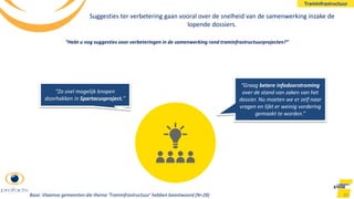 Suggesties ter verbetering gaan vooral over de snelheid van de samenwerking inzake de
lopende dossiers.
83
“Graag betere infodoorstroming
over de stand van zaken van het
dossier. Nu moeten we er zelf naar
vragen en lijkt er weinig vordering
gemaakt te worden.”
“Zo snel mogelijk knopen
doorhakken in Spartacusproject.”
“Hebt u nog suggesties voor verbeteringen in de samenwerking rond traminfrastructuurprojecten?”
Traminfrastructuur
Base: Vlaamse gemeenten die thema ‘Traminfrastructuur’ hebben beantwoord (N=28)
 
