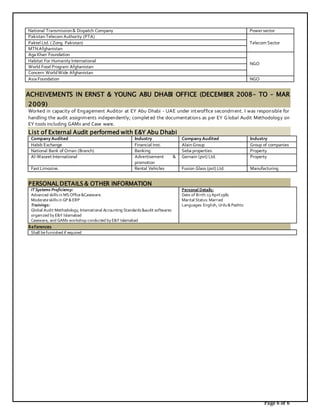 Page 6 of 6
ACHEIVEMENTS IN ERNST & YOUNG ABU DHABI OFFICE (DECEMBER 2008- TO – MAR
2009)
Worked in capacity of Engagement Auditor at EY Abu Dhabi - UAE under interoffice secondment. I was responsible for
handling the audit assignments independently; completed the documentations as per EY Global Audit Methodology on
EY tools including GAMx and Case ware.
List of External Audit performed with E&Y Abu Dhabi
Company Audited Industry Company Audited Industry
Habib Exchange Financial Inst. AlainGroup Group of companies
National Bank of Oman (Branch) Banking Seba properties Property
Al-Waseet International Advertisement &
promotion
Gernain (pvt) Ltd. Property
Fast Limozine. Rental Vehicles Fusion Glass (pvt) Ltd. Manufacturing
PERSONAL DETAILS & OTHER INFORMATION
IT Systems Proficiency:
Advanced skillsin MS Office&Caseware.
Moderateskillsin GP &ERP
Trainings:
Global Audit Methodology, International Accounting Standards&audit softwares
organized by E&Y Islamabad
Caseware, and GAMx workshop conducted by E&Y Islamabad
Personal Details:
Date of Birth:13 April1981
Marital Status: Married
Languages: English, Urdu&Pashto
References
Shall befurnished if required
National Transmission& Dispatch Company Power sector
PakistanTelecom Authority (PTA)
Telecom SectorPaktel Ltd. ( Zong Pakistan)
MTNAfghanistan
Aga Khan Foundation
NGO
Habitat For Humanity International
World Food Program Afghanistan
Concern WorldWide Afghanistan
Asia Foundation NGO
 