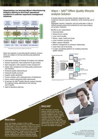 Wipro – SAS Offers Quality lifecycle
analysis Solution
Organizations can leverage Wipro’s Manufacturing
Analytics offering to drive their operational
excellence & customer experience management
initiatives
A Quality Reporting and Analysis Solution designed to help
companies improve customer satisfaction while containing cost of
quality
Aggregates machine, inspection, test and audit data in order to
surface emerging issues and accelerate the root cause analysis
and problem resolution
About Wipro
Wipro Technologies, a division of Wipro Limited
(NYSE:WIT) is the first PCMM Level 5 and SEI CMM Level 5
certified global IT services organization. Wipro is one of the
largest product engineering and support service providers
worldwide. Wipro provides comprehensive research and
development services, IT solutions and services, including
systems integration, information systems outsourcing,
package implementation, software application develop-
ment, and maintenance services to corporations globally.
Benefits to your organizations
Improved yields
Reduce time to market
Lower cost of quality
Reduce waste, rework and scrap
Lower inventory carrying cost
Better capacity utilization
Effective management of contractor relationships
Lower total cost of ownership
A single consolidated platform for enabling enterprise
quality analytics
Supplier
process
optimization
Plant process
optimisation
Warranty
reserve forcast
& issues
Customer
experience
management
Supplier
quality
analytics
Product yield
analysis
Failure
analysis
Warranty
analysis
Predictive Analysis
Product quality data warehouse
Knowledgemanagement
Suppliers Plant Customers Field returns
ERPMES DCS
Returns/
Failures
Supplier
data
About SAS
SAS is the leader in business
analytics software and services and
the largest independent vendor in the
business intelligence market. Through
innovative solutions delivered within an
integrated framework, SAS helps
customers at more than 45,000 sites
improve performance and deliver value by
making better decisions faster. Since 1976
SAS has been giving customers around
the world THE POWER TO KNOW®.
© 2009 Wipro Technologies.
All rights reserved. All trademarks and
copyrights, registered and unrestricted used
in this document are properties of their
respective owners.
For more information, please contact: Mahesh VL (mahesh.vel@wipro.com)
Manufacturing Enterprise Quality Architecture
®
®
®
®
®
Integrated Information Model
Quality Datawarehouse
Manufacturing quality lifecycle analysis Powered by SAS
Supply chain intelligence
Structured statistical
analysis
Production
performance tracking
Production performance
tracking
Model performance
Alerts
LIMS
Histo-
rians
Equip-
ment
Process
Supplier
Historians
ERP
MES
SCADA
SAS
QLA
R
®
Wipro has expertise in executing specific solutions, services
which are enablers of driving manufacturing operational
excellence
Information strategy, BI strategy formulation and roadmap
Solution assessment, value assessment & gap analysis
Data Integration, Data migration & data management
Master data management and Data quality assessments
and cleansing
Enterprise Quality datawarehouse
Enterprise Quality scorecard
Supplier quality dashboard
Process analytics with a dedicated team of Statisticians
Failure analysis addressing CAPA requirements
SI partners for SAS Quality lifecycle analysis intended
for enabling Process optimizations and reducing
cost of quality
Sales & Operations planning
®
 