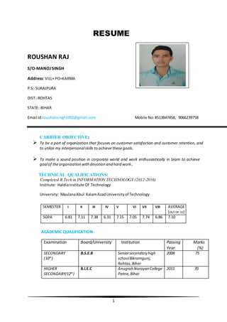 1
RESUME
ROUSHAN RAJ
S/O-MANOJ SINGH
Address: VILL+ PO=KARMA
P.S:-SURAJPURA
DIST:-ROHTAS
STATE:-BIHAR
Email Id:roushansingh1992@gmail.com Mobile No:8513847458, 9066239758
CARRIER OBJECTIVE:
 To be a part of organization that focuses on customer satisfaction and customer retention, and
to utilize my interpersonalskills to achieve these goals.
 To make a sound position in corporate world and work enthusiastically in team to achieve
goalof theorganization withdevotion and hard work.
TECHNICAL QUALIFICATIONS:
Completed B.Tech in INFORMATION TECHNOLOGY (2012-2016)
Institute: HaldiaInstitute Of Technology
University: MaulanaAbul KalamAzad Universityof Technology
ACADEMIC QUALIFICATION:
Examination Board/University Institution Passing
Year
Marks
(%)
SECONDARY
(10th
)
B.S.E.B Seniorsecondary high
schoolBikramgunj,
Rohtas,Bihar
2008 75
HIGHER
SECONDARY(12th
)
B.I.E.C Anugrah Narayan College
Patna,Bihar
2011 70
SEMESTER I II III IV V VI VII VIII AVERAGE
(OUTOF 10)
SGPA 6.81 7.11 7.38 6.31 7.15 7.05 7.74 6.86 7.10
 