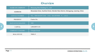 CHENGDA INTERNATIONAL CO.,LTD.Page 7
NAME OF COMPANY Shenyang Bosi Knitting Co., Ltd.
ADDRESS
Wusanjiazi Zone, Hushitai Street, Shenbei New District, Shengyang, Liaoning, China
CONTACT NUMBER TEL：0086-024-89713368 FAX：024-29870008 〒：110122
PRESIDENT Charles Che
DATE OF FOUNDATION 1999
CAPITAL 2,000,000YUAN
COMPANY CATEGORY Chengda Owned
REAL ESTATE 70000 ㎡
Overview
 