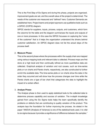 11
This is the First Step of Six Sigma and during this phase, projects are organized,
improvement goals are set, and the overall value of the project is determined. The
needs of the customer are measured and “defined” here. Customer Demands are
established here. Project teams and project sponsors use qualitative tools such as
a SIPOC (COPIS) diagram.
SIPOC stands for suppliers, inputs, process, outputs, and customers, which form
the columns for the table and the diagram summarizes the inputs and outputs of
one or more processes. In this case the SIPOC focusses on capturing the “voice
of the customer” that is it helps the organization understand the drivers behind
customer satisfaction. An SIPOC diagram does not list the actual steps of the
process itself.
2. Measure Phase:
This is the second phase where the processes within the supply chain are mapped
using various mapping tools and relevant data is collected. Process maps are first
done at a high level and then continually refined as more quantitative data are
collected. Graphical analysis of variation and root causes, such as time-series
plots or run charts and Pareto charts, respectively, are also constructed to further
enrich the available data. The time-series plots or run charts show the data in the
order they occurred and will show how the process changes over time while the
Pareto charts are a type of bar chart that categorizes the data to highlight the
impact of a certain effect.
3. Analyze Phase:
The Analyze phase is then used to apply statistical tools to the collected data to
determine process capability and sources of variation. The in-depth knowledge
gained from using the Six Sigma tools helps the team specifically identify the
problems or defects that are contributing to quality variation of the product. This
analysis lays the foundation for further improving the process. As stated in the
paper “ANOVA (Analysis of Variance) is one of the statistical tools used, it is vital
to six sigma because it provides a significance of difference between the samples.”
 