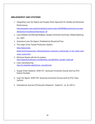 20
BIBLIOGRAPHY AND CITATIONS
1. Integrating Lean Six Sigma and Supply Chain Approach for Quality and Business
Performance.
http://ieeexplore.ieee.org/xpl/articleDetails.jsp?arnumber=6970949&queryText=lean+six+sigm
a&newsearch=true&searchField=Search_All
2. Larry Webber and Michael Wallace. Quality Control for Dummies. WileyPublishing,
Inc. 2007.
3. Accenture Lean Six Sigma. Published by Muzammil Fiaz
4. The origin of the Toyota Production System.
http://www.toyota-
global.com/company/vision_philosophy/toyota_production_system/origin_of_the_toyota_prod
uction_system.html
5. Minimize Waste with the 5s system.
http://www.pfmproduction.com/pdfs/pfmp_spring07/pfmp_spring07_waste.pdf
6. Lean manufacturing:
http://en.wikipedia.org/wiki/Lean_manufacturing
7. Supply Chain Systems: SCM 721: Syracuse University Course work by Prof.
Patrick Penfield.
8. Lean Six Sigma: SCM 755: Syracuse University Course work by Prof. Gary
LaPoint
9. International Journal of Production Research , Solanti E , et. Al. (2011)
 