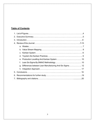 3
Table of Contents
1. List of Figures…………………………………………………………………………….4
2. Executive Summary……………………………………………………………………..5
3. Introduction………………………………………………………………………………6
4. Review of the Journal………………………………………………………………..7-15
a. Wastes…………………………………………………………………………... 7
b. Value Stream Mapping………………………………………………………… 8
c. Kanban System………………………………………………………………… 8
d. Toyota's Six Kanban Practices……………………………………………….. 9
e. Production Levelling And Kanban System…………………………………. 10
f. Lean Six Sigma By DMAIC Methodology…………………………………… 10
g. Differences between Lean Manufacturing And Six Sigma……………….. 12
h. Integration Approach…………………………………………………………. 17
5. Conclusions…………………………………………………………………………… 18
6. Recommendations for further study………………………………………………….19
7. Bibliography and citations…………………………………………………................20
 