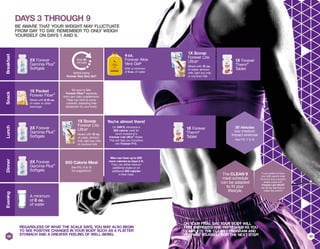 ON YOUR FINAL DAY, YOUR BODY WILL
FEEL ENERGIZED AND REFRESHED AS YOU
COMPLETE THE CLEAN9 PROGRAM AND
PREPARE YOURSELF FOR THE NEXT STEP!
Snack
1X Packet
Forever Fiber®
Mixed with 8-10 oz.
of water or other
beverage
Be sure to take
Forever Fiber®
separate
from your daily supplements.
Fiber can bind to some
nutrients, impacting their
absorption by your body.
LunchDinnerEvening
10
DAYS 3 THROUGH 9
BE AWARE THAT YOUR WEIGHT MAY FLUCTUATE
FROM DAY TO DAY. REMEMBER TO ONLY WEIGH
YOURSELF ON DAYS 1 AND 9.
09
Breakfast
2X Forever
Garcinia Plus®
Softgels
2X Forever
Garcinia Plus®
Softgels
2X Forever
Garcinia Plus®
Softgels
Before taking
Forever Aloe Vera Gel®
4oz.
Forever Aloe
Vera Gel®
With a minimum
of 8 oz. of water
1X Forever
Therm®
Tablet
You’re almost there!
On DAY9, introduce a
300 calorie meal for
lunch instead of a
Forever Lite Ultra®
shake.
This will help you transition
into Forever F15.
600 Calorie Meal
See PG 15 & 16
for suggestions
A minimum
of 8 oz.
of water
Men can have up to 200
more calories on days 3-9.
They can either have an
additional shake or an
additional 200 calories
in their meal.
1X Scoop
Forever Lite
Ultra®
Mixed with 10 oz.
of water, almond
milk, light soy milk,
or coconut milk
1X Forever
Therm®
Tablet
1X Scoop
Forever Lite
Ultra®
Mixed with 10 oz.
of water, almond
milk, light soy milk,
or coconut milk
The CLEAN 9
meal schedule
can be adapted
to fit your
lifestyle.
If you prefer to have
your 600 calorie meal
for lunch and a protein
shake made with
Forever Lite Ultra®
for dinner feel free to
make the switch!
30 minutes
low-medium
impact exercise
See PG 17 &18
REGARDLESS OF WHAT THE SCALE SAYS, YOU MAY ALSO BEGIN
TO SEE POSITIVE CHANGES IN YOUR BODY SUCH AS A FLATTER
STOMACH AND A GREATER FEELING OF WELL-BEING.
Wait 30
minutes
 