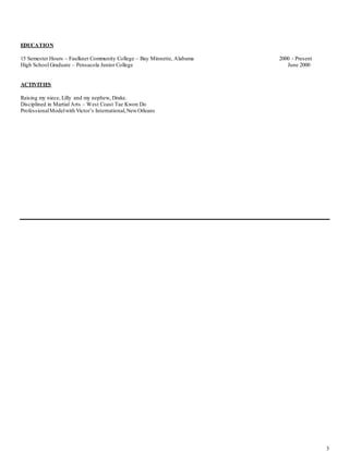 3
EDUCATION
15 Semester Hours – Faulkner Community College – Bay Minnette, Alabama 2000 - Present
High School Graduate – Pensacola Junior College June 2000
ACTIVITIES
Raising my niece, Lilly and my nephew, Drake.
Disciplined in Martial Arts – West Coast Tae Kwon Do
ProfessionalModelwith Victor’s International,NewOrleans
 