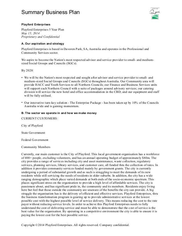 Playford Enterprises 5 Year Plan Summary Business Plan 3