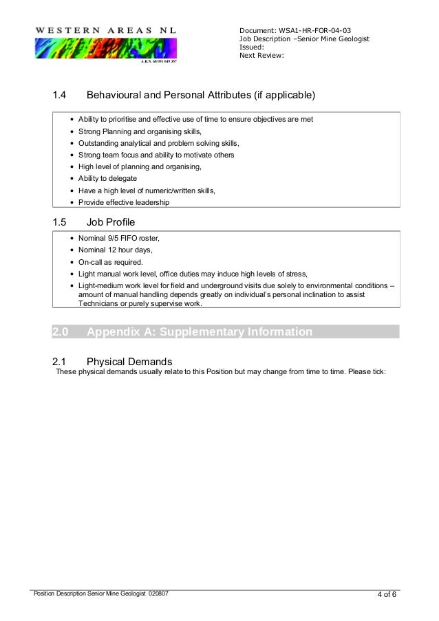Position Description Mine Geologist 20141124