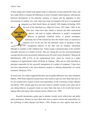 Authors’ Copy
of these studies have treated work-related values as expressions of more general life values, and
have made efforts to interpret the differences in terms of broader cultural patterns, reflecting the
historical development of the particular countries or regions and the adaptation to their
environments. In another vein, work values have been investigated at the level of occupational
categories (e.g. Ball, Farnill, Beiers, & Lindorff, 1989: Zanders & Harding, 1995)
and at the level of the individual (e.g. Allport & Vernon. 1931; Super. 1969). In the
latter case, values have been related to interests and other motivational
notions, and used to explain differences in people‘s occupational
behavior in particular vocational choice. A general assumption,
underlying most of the research has been that shared values as expressed at
the collective level on the one side and individual values as operating in daily
occupational behavior on the other side are somehow interrelated,
although its causality is still a debated issue. Values occupy a prominent place in the scientific
and public discourse at a number of levels. They are “among the very few social psychological
concepts that have been successfully employed across all social science disciplines” (Rokeach &
Ball-Rokeach, 1989, p-775). At the organizational level, values are viewed as a major
component of organizational culture (O’Reilly & Chatman, 1996) and are often described as
principles responsible for the successful management of a number of companies. Values have
also been characterized as the “most distinctive property or defining characteristic of a social
institution” (Rokeach, 1979).
In recent years, few studies suggested that there may be gender differences into value orientation
(Marini, 1990) Some empirical research shows that women or girls are more likely than boys to
be care-oriented and to express concern and responsibility for the well-being of others (Beautel
and Marini, 1995). Gender gaps have also been found in attitudes towards work values and in
care taking behavior. In general women are more likely than men to be in jobs that involve
helping others and express other-oriented concern. (Marini et al., 1996)
Research demonstrates gender gap in attitudes towards social collectivities and public
policy preferences. Women are more likely than men to express concern and responsibility for
the well-being of others (Beautel and Marini, 1995). Women are more superior than men of
2
 