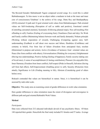 Authors’ Copy
The Revered Gurudev Rabindranath Tagore composed several songs. In a word this is called
Rabindrasangeet. To him music is not an object rather a mediator to look at the inner and inner
core of consciousness.’Gitabitan’ is the archive of his songs. Dutta Roy and Bandopadhyay
(2010) extracted 14 path and 14 goal oriented work values from Rabindrasangeet. Path oriented
values are Self-Awakening (Perception of self as stable and positive), Emotional control
(Controlling unwanted emotion), Systematic (Following planned steps), Non self-insulting (Not
offending to self), Fearless (Feeling of overcoming fear), Cleanliness (Neat and tidy), No Work
and Family conflict (Maintaining balance between work and family demands), Niskam principle
(Working without expectation of reward), Challenging (Competing against one), Self-
understanding (Feedback to self about own success and failure, Doubtless (Confidence and
certainty in belief), Free from fear of failure (Freedom from anticipated fear), resolute
(Determined in purpose and action), Active (Avoidance of laziness). Goal –oriented values are
Peace (free from conflicts with others), Universalization (Thinking for everyone), Enlightenment
(Having true understanding), Positive feeling (feeling of happiness), Family security (taking care
of loved ones), A sense of accomplishment (A lasting contribution), Pleasure (An enjoyable life),
Inner Harmony (Freedom from Inner conflict), Self-respect (Pride in Oneself), Salvation (Saving
self from bad effect), Self-Empowerment (Enabling power to self), Security (Protection from
attack), Significance in Life (Finding meaning in life), Altruism (Considering good of others
before own).
Rokeach contended that values are hierarchical in nature. Since, it is hierarchical it can be
assessed by rank order scale.
Objective: This study aims at examining extent of gender differences in work value orientation.
Here gender differences in value orientation mean the extent of divergence and convergence in
different path and goal oriented Rabindrik Work Values.
Method
Participants
Data were collected from 212 educated individuals devoid of any psychiatric illness. Of them
148 reported their gender. Henceforth the final study included 91 females and 57 males. Average
5
 