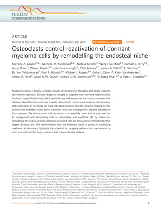 ARTICLE
Received 26 May 2015 | Accepted 23 Oct 2015 | Published 3 Dec 2015
Osteoclasts control reactivation of dormant
myeloma cells by remodelling the endosteal niche
Michelle A. Lawson1,2,*, Michelle M. McDonald3,4,*, Natasa Kovacic3, Weng Hua Khoo3,5, Rachael L. Terry3,4,
Jenny Down3, Warren Kaplan3,4, Julia Paton-Hough1,2, Clair Fellows1,2, Jessica A. Pettitt3, T. Neil Dear6,
Els Van Valckenborgh7, Paul A. Baldock3,4, Michael J. Rogers3,4, Colby L. Eaton2,8, Karin Vanderkerken7,
Allison R. Pettit9, Julian M.W. Quinn3, Andrew C.W. Zannettino6,10, Tri Giang Phan 3,4 & Peter I. Croucher3,4
Multiple myeloma is largely incurable, despite development of therapies that target myeloma
cell-intrinsic pathways. Disease relapse is thought to originate from dormant myeloma cells,
localized in specialized niches, which resist therapy and repopulate the tumour. However, little
is known about the niche, and how it exerts cell-extrinsic control over myeloma cell dormancy
and reactivation. In this study, we track individual myeloma cells by intravital imaging as they
colonize the endosteal niche, enter a dormant state and subsequently become activated to
form colonies. We demonstrate that dormancy is a reversible state that is switched ‘on’
by engagement with bone-lining cells or osteoblasts, and switched ‘off’ by osteoclasts
remodelling the endosteal niche. Dormant myeloma cells are resistant to chemotherapy that
targets dividing cells. The demonstration that the endosteal niche is pivotal in controlling
myeloma cell dormancy highlights the potential for targeting cell-extrinsic mechanisms to
overcome cell-intrinsic drug resistance and prevent disease relapse.
DOI: 10.1038/ncomms9983 OPEN
1 Department of Oncology, University of Shefﬁeld Medical School, University of Shefﬁeld, Beech Hill Road, Shefﬁeld, South Yorkshire S10 2RX, UK. 2 Mellanby
Centre for Bone Research, University of Shefﬁeld Medical School, University of Shefﬁeld, Beech Hill Road, Shefﬁeld, South Yorkshire S10 2RX, UK. 3 Garvan
Institute of Medical Research, 384 Victoria Street, Sydney, New South Wales 2010, Australia. 4 St Vincent’s Clinical School, Faculty of Medicine, UNSW
Australia, Sydney, New South Wales 2010, Australia. 5 School of Biotechnology and Biomolecular Sciences, UNSW Australia, Sydney, New South Wales 2010,
Australia. 6 South Australian Health and Medical Research Institute, Adelaide, South Australia 5000, Australia. 7 Department of Hematology and
Immunology, Vrije Universiteit Brussel, Brussels 1090, Belgium. 8 Department of Human Metabolism and Clinical Biochemistry, University of Shefﬁeld
Medical School, University of Shefﬁeld, Beech Hill Road, Shefﬁeld, South Yorkshire S10 2RX, UK. 9 Mater Research Institute, The University of Queensland,
Translational Research Institute, 37 Kent Street, Woolloongabba, Queensland 4102, Australia. 10 School of Medical Sciences, University of Adelaide, Frome
Road, Adelaide, South Australia 5000, Australia. * These authors contributed equally to this work. Correspondence and requests for materials should be
addressed to T.G.P. (email: t.phan@garvan.org.au) or to P.I.C. (email: p.croucher@garvan.org.au).
NATURE COMMUNICATIONS | 6:8983 | DOI: 10.1038/ncomms9983 | www.nature.com/naturecommunications 1
 