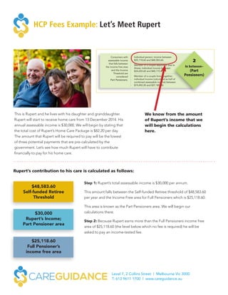 Step 1: Rupert’s total assessable income is $30,000 per annum.
This amount falls between the Self-funded Retiree threshold of $48,583.60
per year and the Income Free area for Full Pensioners which is $25,118.60.
This area is known as the Part Pensioners area. We will begin our
calculations there.
Step 2: Because Rupert earns more than the Full Pensioners income free
area of $25,118.60 (the level below which no fee is required) he will be
asked to pay an income-tested fee.
Level 7, 2 Collins Street | Melbourne Vic 3000
T: 613 9611 1700 | www.careguidance.au
HCP Fees Example: Let’s Meet Rupert
This is Rupert and he lives with his daughter and granddaughter.
Rupert will start to receive home care from 13 December 2014. His
annual assessable income is $30,000. We will begin by stating that
the total cost of Rupert’s Home Care Package is $82.20 per day.
The amount that Rupert will be required to pay will be the lowest
of three potential payments that are pre-calculated by the
government. Let’s see how much Rupert will have to contribute
financially to pay for his home care.
Individual person; income between
$25,118.60 and $48,583.60.
Member of a couple separated due to
illness; individual income between
$24,650.60 and $48,115.60.
Member of a couple living together;
individual income (calculated as half of
combined assessable income) between
$19,492.20 and $37,180.00.
Consumers with
assessable income
that falls between
the income free area
and the Income
Threshold are
considered
Part Pensioners.
Level 7, 2 Collins Street | Melbourne Vic 3000
www.careguidance.com.au
Consumers with
assessable income
that exceeds these
Income Threshold
amounts have a
higher annual limit
for income-tested
care fees and are
considered
Self-funded Retirees.
Income Threshold
(Self-funded
Retirees)
1
In between–
(Part
Pensioners)
2
Consumers with
assessable income
that falls below
these income free
areas cannot be
asked to pay an
income-tested care
fee and are
considered
Full Pensioners.
Income Free Area
(Full Pensioners)
3
Individual person; income of
$48,583.60 or more.
Member of a couple separated
due to illness; individual income of
$48,115.60 or more.
Member of a couple living together;
individual income (calculated as half
of combined assessable income) of
$37,180.00 or more.
Individual person; income less than
$25,118.60.
Member of a couple separated due
to illness; individual income less than
$24,650.60.
Member of a couple living together;
individual income (calculated as half
of combined assessable income) of
less than $19,492.20.
We know from the amount
of Rupert’s income that we
will begin the calculations
here.
Rupert’s contribution to his care is calculated as follows:
$48,583.60
Self-funded Retiree
Threshold
$30,000
Rupert’s Income;
Part Pensioner area
$25,118.60
Full Pensioner’s
income free area
 