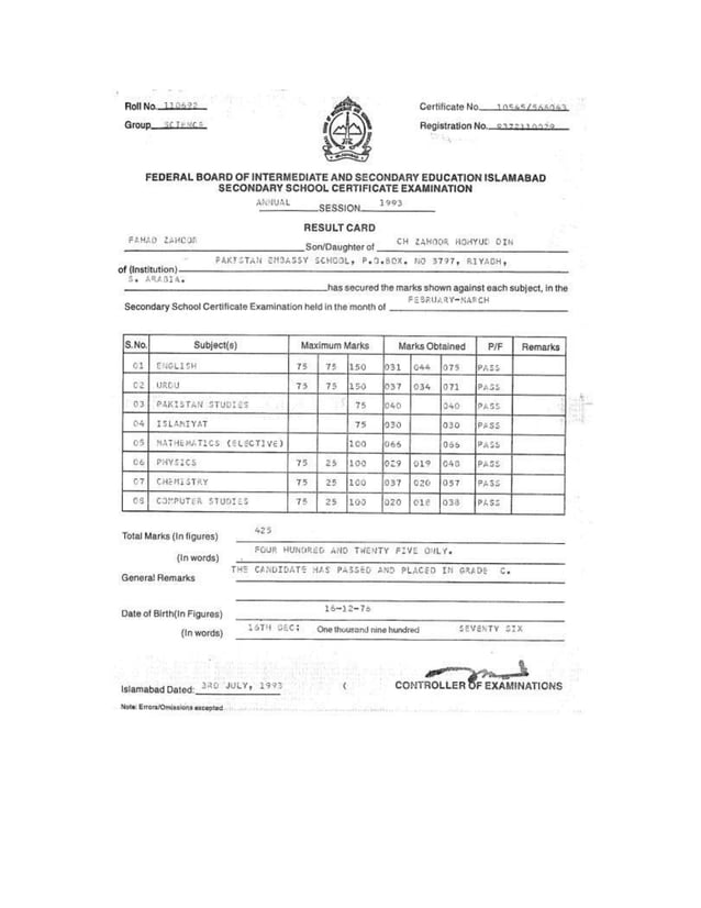 S.S.C Marks Sheet Fahad Zahoor | PDF