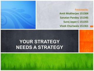 YOUR STRATEGY
NEEDS A STRATEGY
Presented By:
Amit Mukherjee 151304
Sanatan Pandey 151345
Surej Jayan C 151355
Vivek Churiwala 151361
 