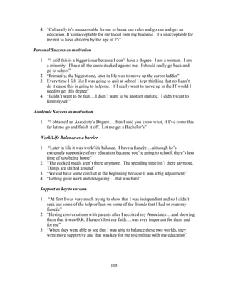 105
4. “Culturally it’s unacceptable for me to break our rules and go out and get an
education. It’s unacceptable for me to out earn my husband. It’s unacceptable for
me not to have children by the age of 25”
Personal Success as motivation
1. “I said this is a bigger issue because I don’t have a degree. I am a woman. I am
a minority. I have all the cards stacked against me. I should really go back and
go to school”
2. “Primarily, the biggest one, later in life was to move up the career ladder”
3. Every time I felt like I was going to quit at school I kept thinking that no I can’t
do it cause this is going to help me. If I really want to move up in the IT world I
need to get this degree”
4. “I didn’t want to be that….I didn’t want to be another statistic. I didn’t want to
limit myself”
Academic Success as motivation
1. “I obtained an Associate’s Degree….then I said you know what, if I’ve come this
far let me go and finish it off. Let me get a Bachelor’s”
Work/Life Balance as a barrier
1. “Later in life it was work/life balance. I have a fiancée….although he’s
extremely supportive of my education because you’re going to school, there’s less
time of you being home”
2. “The cooked meals aren’t there anymore. The spending time isn’t there anymore.
Things are shifted around”
3. “We did have some conflict at the beginning because it was a big adjustment”
4. “Letting go at work and delegating….that was hard”
Support as key to success
1. “At first I was very much trying to show that I was independent and so I didn’t
seek out some of the help or lean on some of the friends that I had or even my
fiancée”
2. “Having conversations with parents after I received my Associates….and showing
them that it was O.K. I haven’t lost my faith….was very important for them and
for me”
3. “When they were able to see that I was able to balance these two worlds, they
were more supportive and that was key for me to continue with my education”
 