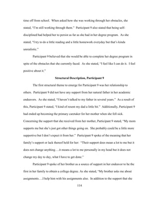 114
time off from school. When asked how she was working through her obstacles, she
stated, “I’m still working through them.” Participant 9 also stated that being self-
disciplined had helped her to persist as far as she had in her degree program. As she
stated, “I try to do a little reading and a little homework everyday but that’s kinda
unrealistic.”
Participant 9 believed that she would be able to complete her degree program in
spite of the obstacles that she currently faced. As she stated, “I feel like I can do it. I feel
positive about it.”
Structural Description, Participant 9
The first structural theme to emerge for Participant 9 was her relationship to
others. Participant 9 did not have any support from her natural father in her academic
endeavors. As she stated, “I haven’t talked to my father in several years.” As a result of
this, Participant 9 stated, “I kind of resent my dad a little bit.” Additionally, Participant 9
had ended up becoming the primary caretaker for her mother when she fell sick.
Concerning the support that she received from her mother, Participant 9 stated, “My mom
supports me but she’s just got other things going on. She probably could be a little more
supportive but I don’t expect it from her.” Participant 9 spoke of the meaning that her
family’s support or lack thereof held for her: “Their support does mean a lot to me but it
does not change anything….it means a lot to me personally in my head but it does not
change my day to day, what I have to get done.”
Participant 9 spoke of her brother as a source of support in her endeavor to be the
first in her family to obtain a college degree. As she stated, “My brother asks me about
assignments….I help him with his assignments also. In addition to the support that she
 