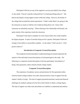 116
Participant 9 did not use any of the supportive services provided by the college.
As she stated, “I haven’t used the writing lab but I’ve heard good things about it.” She
had not developed a strong support system within the college. However, the faculty of
the college had exceeded her initial expectations: “I didn’t really think I was going to like
the instructors as much as I did her, but I ended up liking them a lot. Some of the
instructors are absolutely amazing.” When referring to her relationship with faculty, she
spoke mainly of her experience inside the classroom.
Participant 9 only had to complete two more classes before she would complete
her degree program. In spite of currently being out for a quarter, Participant 9 believed
strongly in her ability to successfully complete. As she stated, “I feel I can do it. I feel
positive about it.”
Introduction to Composite Textural Description
The composite textural description in phenomenological research represents the
analysis of the individual textural descriptions of each participant in the study. The
following is a composite textural description of all nine participants’ descriptions of
being a first-generation, ethnic minority female college student.
Composite Textural Description
The experience of academic success and persistence for first generation ethnic
minority female college students were often characterized by a lack of support from the
student’s family of origin. This lack of support presented emotional, mental and financial
challenges for students seeking to be the first in their family to obtain a college degree.
This lack of support was often times described as an inability to understand and embrace
 