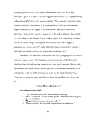 53
primary supporter not only in her education but in other areas of her life as well.
Participant 1 gives an example of just how supportive her husband is: “I stopped smoking
in December and he’s been really supportive of that.” Not only is her relationship to her
husband important to her endeavor to be academically successful and persist towards
degree completion, but the support of her peers means a great deal to her as well.
Participant 1 does not have parents to support her in this endeavor because they are both
deceased. However, she has experienced a lack of support from other family members
who did not attend college. Participant 1 does not allow their lack of support to
discourage her. In her words, “It’s really difficult for them to be supportive when they
didn’t have the initiative to do so and they are happy where they are.”
Participant 1 has determined within herself that she is going to persist and achieve
academic success in spite of the challenges she has experienced with her husband’s
disability, financial challenges and lack of support from family members. She has made
up in her mind that others can do whatever they want to do, but she is determined to let
nothing stand in the way of her achieving her goals. As she stated in the interview,
“Once you get your mind set on something, go ahead and stand in my way if you want
to.”
Textural Themes, Participant 2
Lack of support from family
1. “My family told me I would never amount to anything.”
2. “I had a child when I was 16, and my parents told me I would never grow
up to be anything.”
3. “My parents are semi-supportive; not really.”
4. “My parents really did try to talk me out of doing a grad degree.”
 