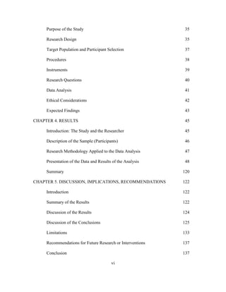 vi
Purpose of the Study 35
Research Design 35
Target Population and Participant Selection 37
Procedures 38
Instruments 39
Research Questions 40
Data Analysis 41
Ethical Considerations 42
Expected Findings 43
CHAPTER 4. RESULTS 45
Introduction: The Study and the Researcher 45
Description of the Sample (Participants) 46
Research Methodology Applied to the Data Analysis 47
Presentation of the Data and Results of the Analysis 48
Summary 120
CHAPTER 5. DISCUSSION, IMPLICATIONS, RECOMMENDATIONS 122
Introduction 122
Summary of the Results 122
Discussion of the Results 124
Discussion of the Conclusions 125
Limitations 133
Recommendations for Future Research or Interventions 137
Conclusion 137
 